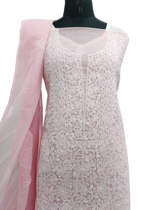 Shyamal Chikan Hand Embroidered Pink Kota Cotton Lucknowi Chikankari Unstitched Suit Piece ( Kurta Dupatta Set ) - S22604