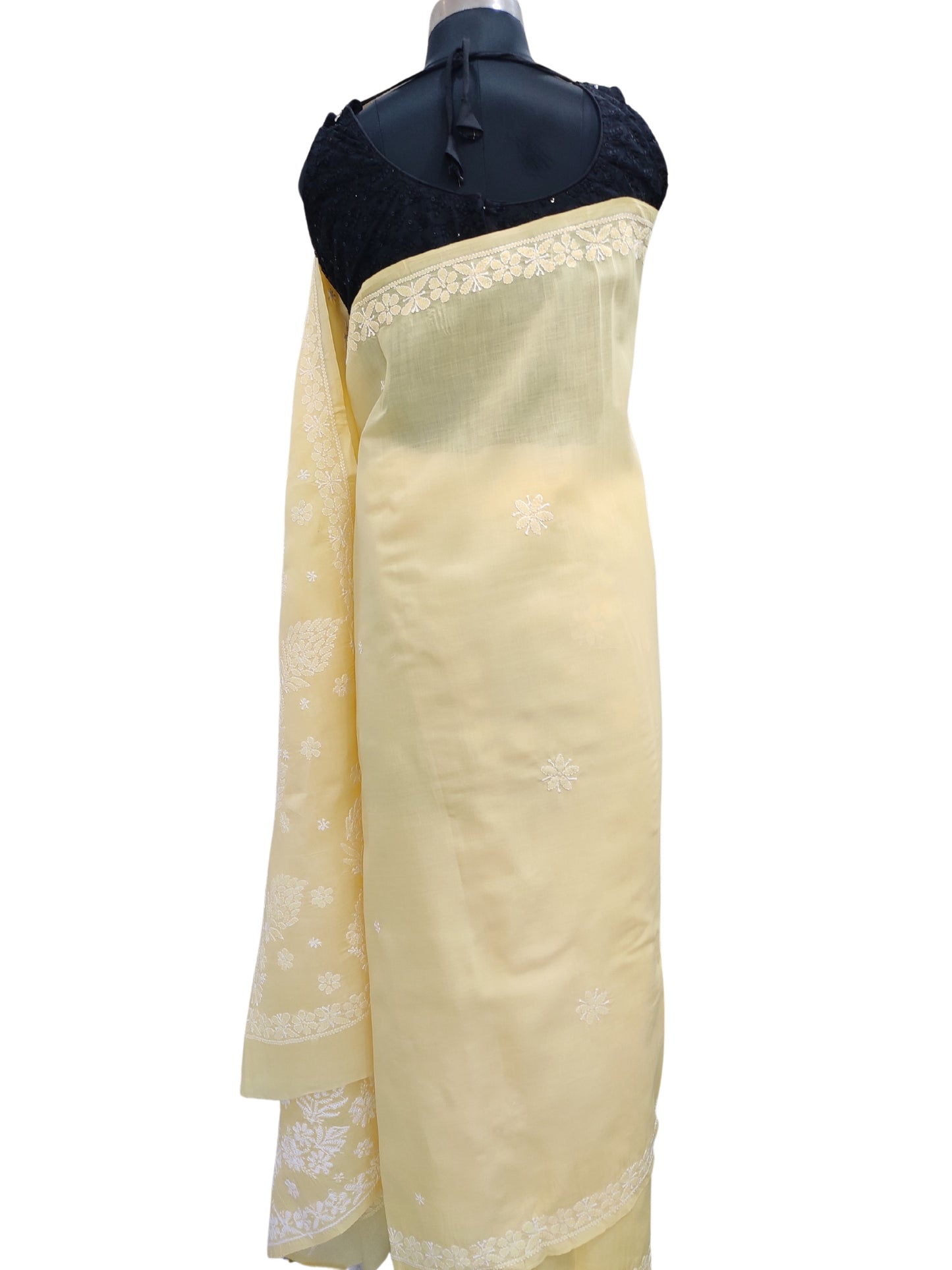 Shyamal Chikan Hand Embroidered Yellow Cotton Lucknowi Chikankari Saree With Blouse Piece- S22510