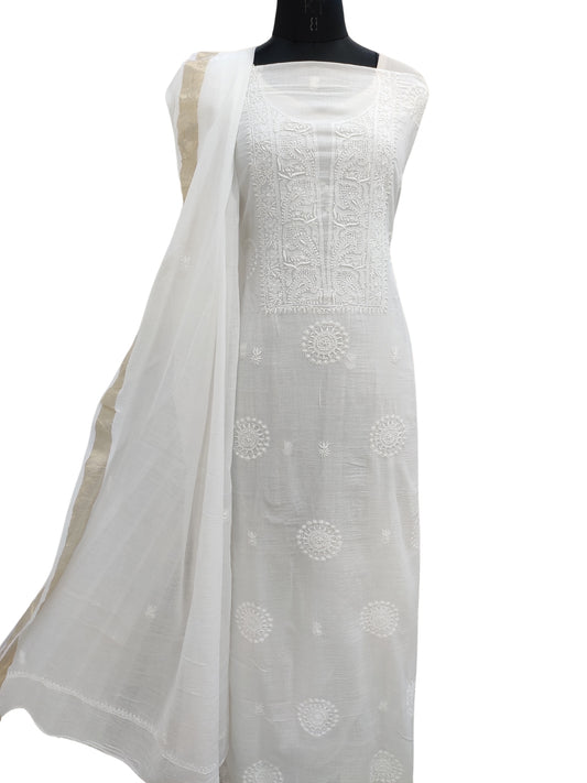 Shyamal Chikan Hand Embroidered White Mangalgiri Cotton Lucknowi Chikankari Unstitched Suit Piece ( Kurta Dupatta Set ) - S21879
