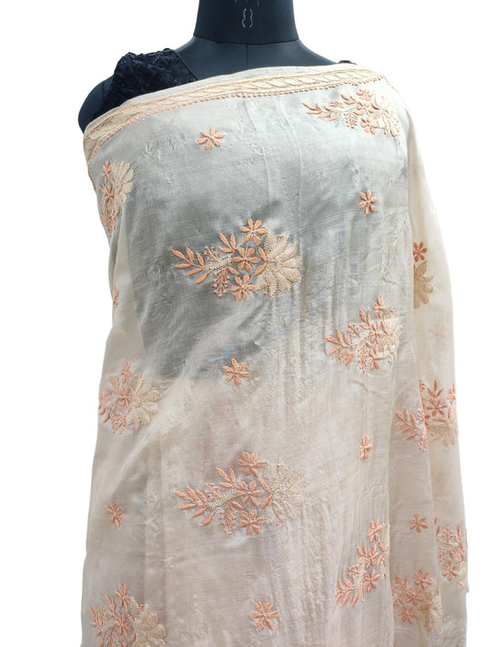 Shyamal Chikan Hand Embroidered Beige Pure Tusser Silk Lucknowi Chikankari Saree With Blouse Piece- S21357