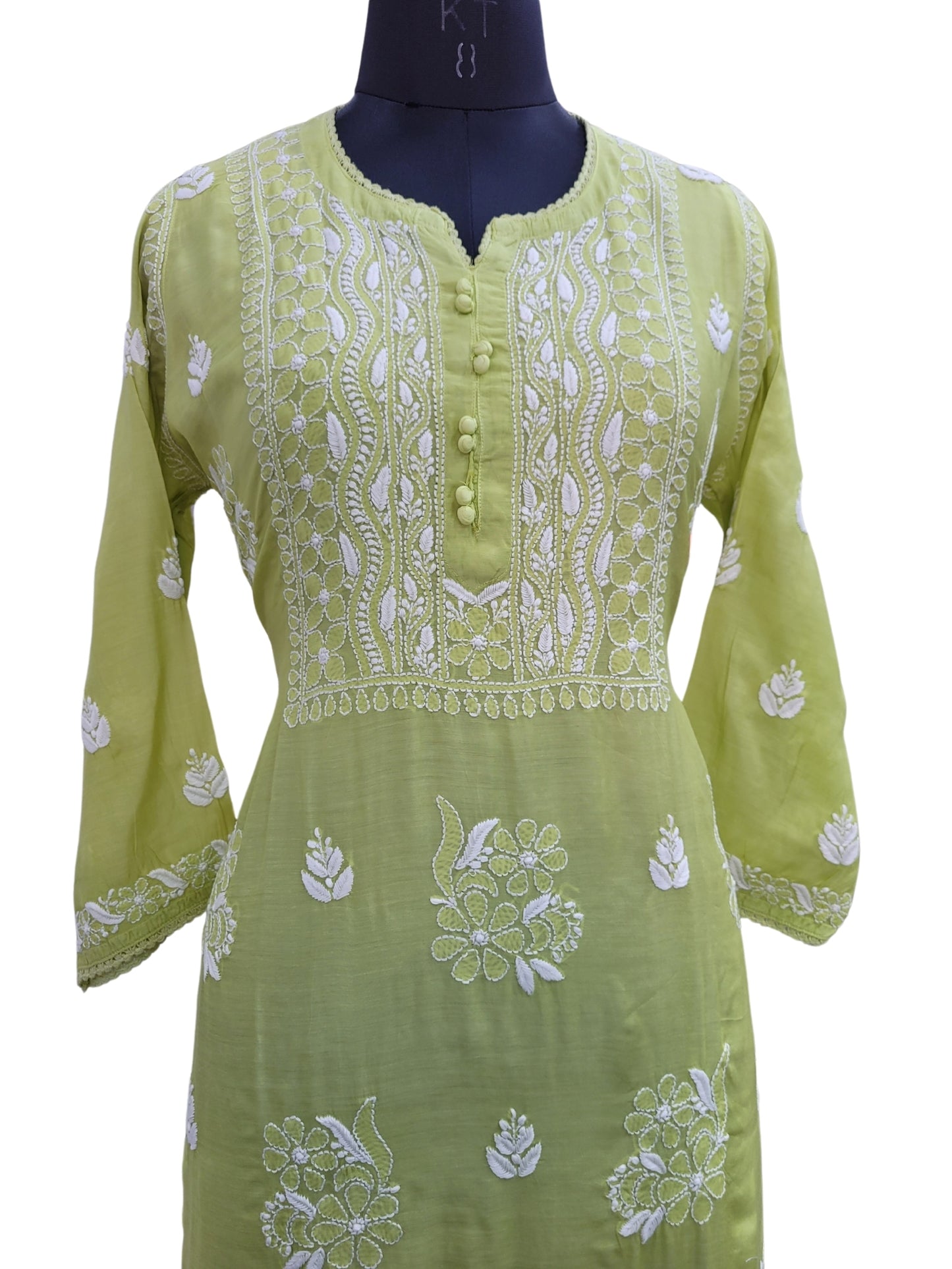 Shyamal Chikan Hand Embroidered Green Muslin Lucknowi Chikankari Kurti - S24267