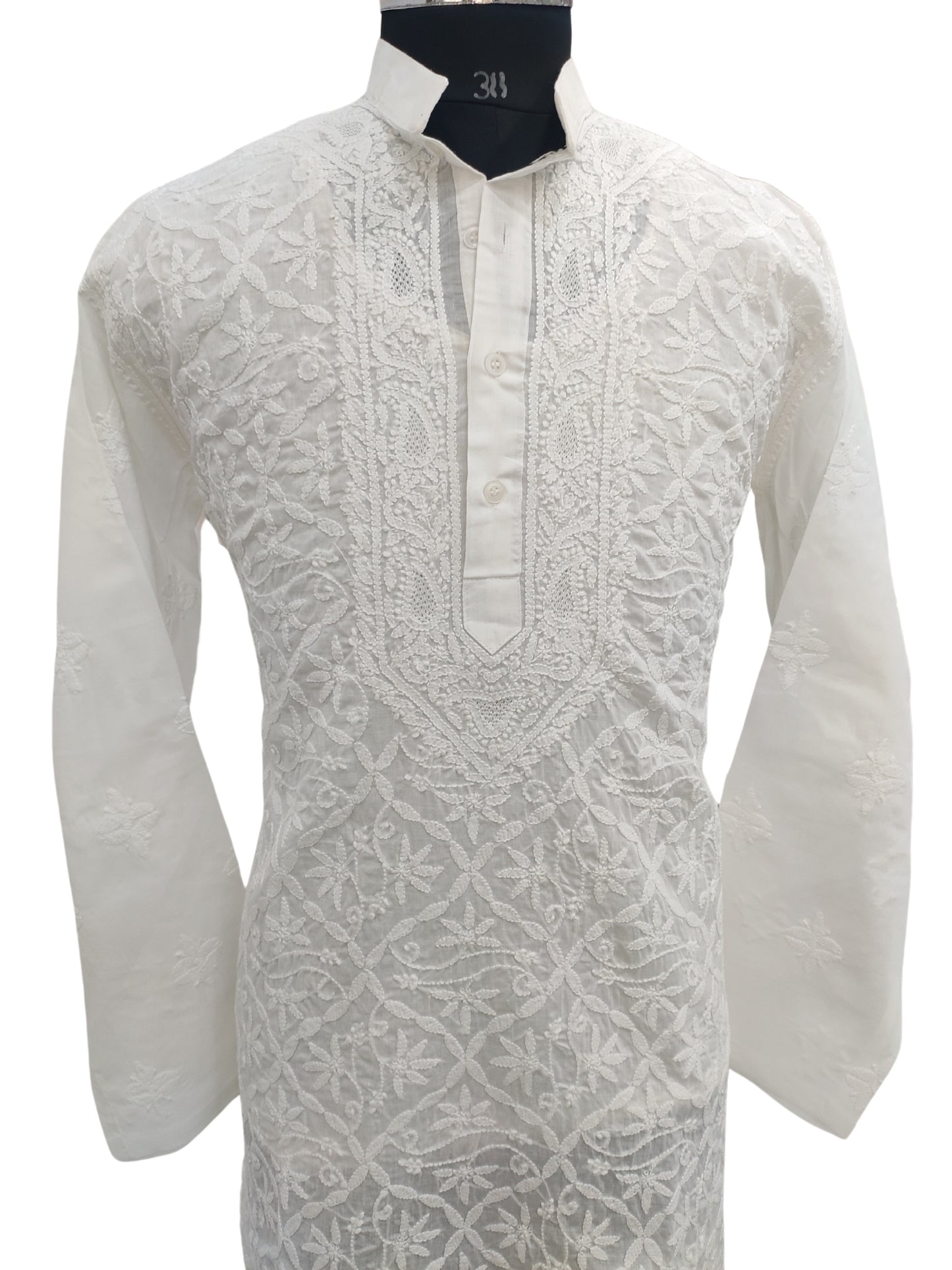 Shyamal Chikan Hand Embroidered White Cotton Lucknowi Chikankari Men's Kurta –S24618