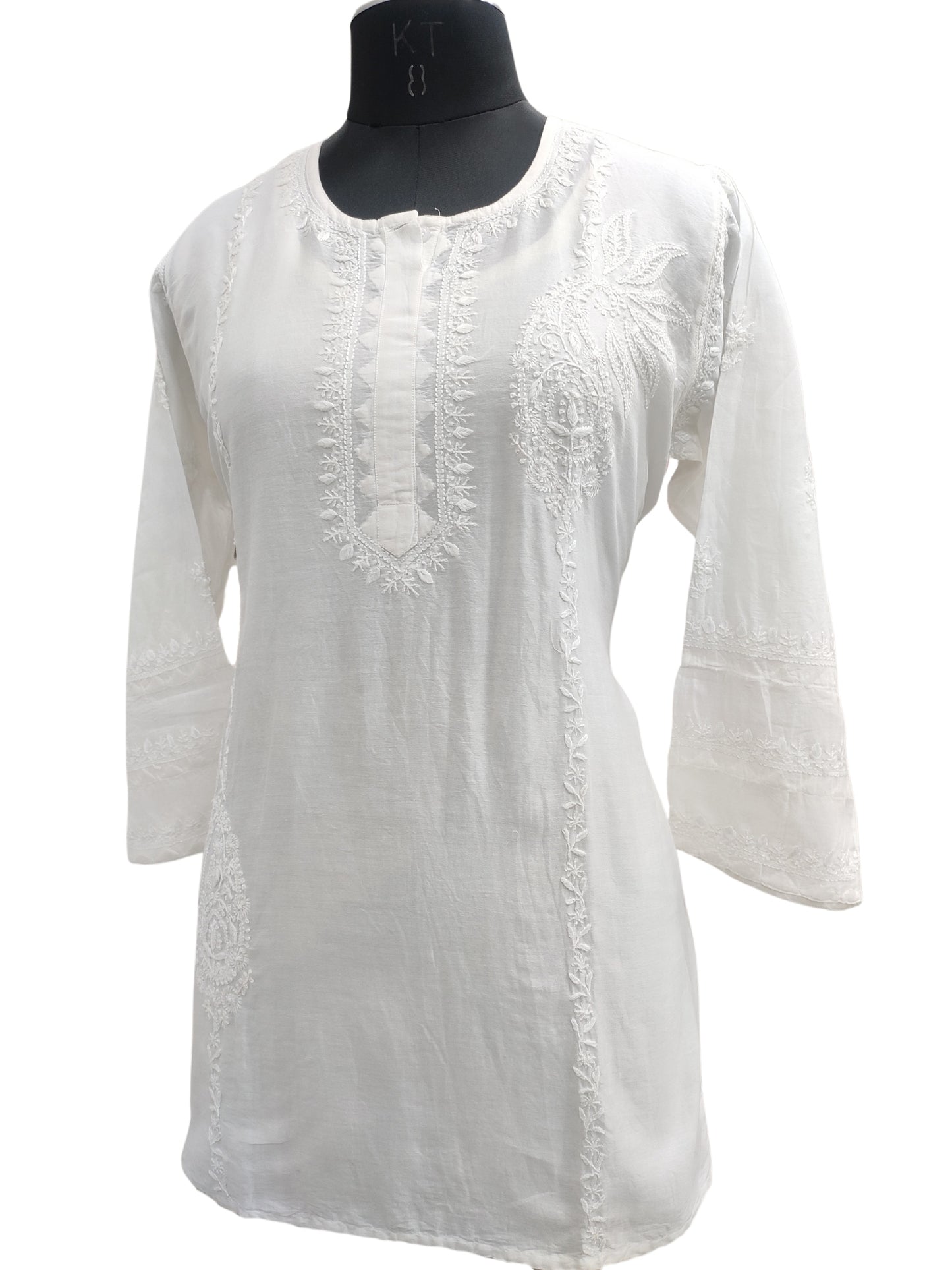 Shyamal Chikan Hand Embroidered White HQ Chanderi Lucknowi Chikankari Short Top - S25382