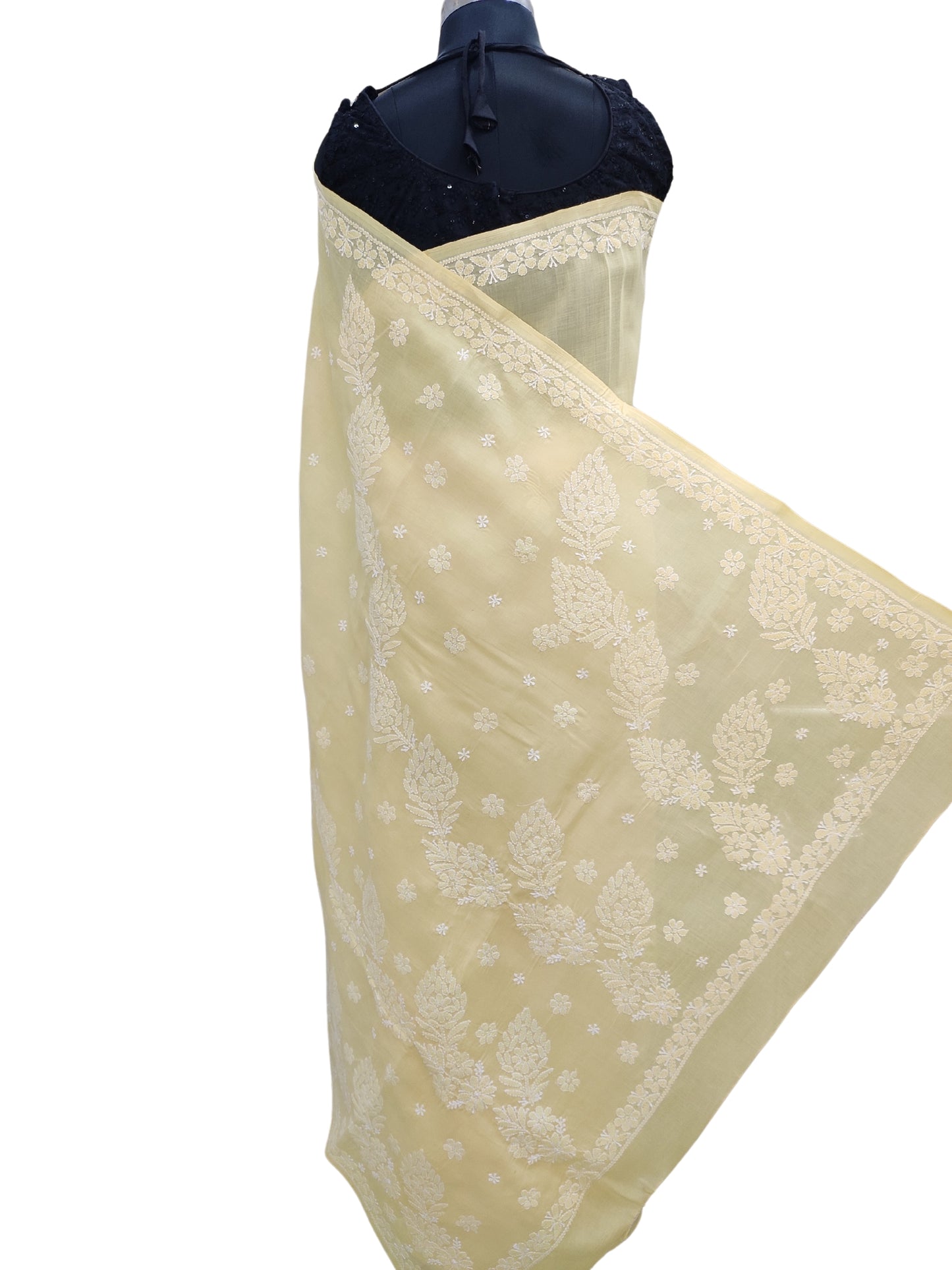 Shyamal Chikan Hand Embroidered Yellow Cotton Lucknowi Chikankari Saree With Blouse Piece- S22510