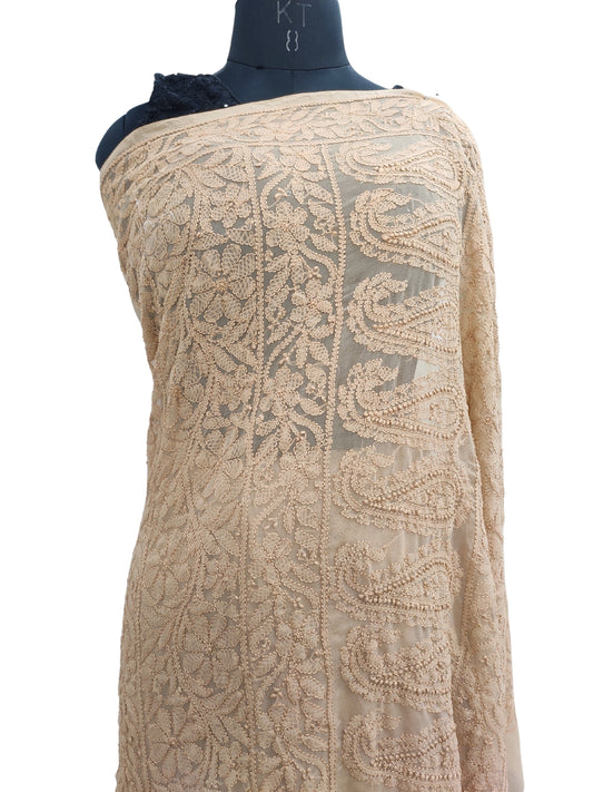 Shyamal Chikan Hand Embroidered Beige Georgette Lucknowi Chikankari Shoulder Jaal Saree With Blouse Piece - S26071