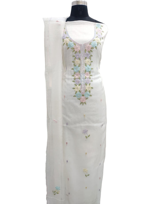 Shyamal Chikan Hand Embroidered White Organza Lucknowi Chikankari Unstitched Suit Piece ( Set of 2 ) With Pearl and Sequin Work - S20874