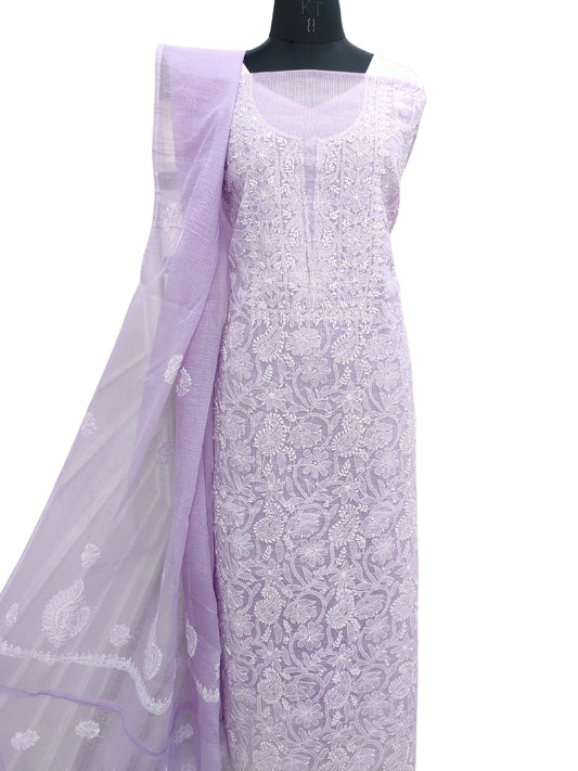 Shyamal Chikan Hand Embroidered Lavender Kota Cotton Lucknowi Chikankari Unstitched Suit Piece ( Kurta Dupatta Set ) - S22603