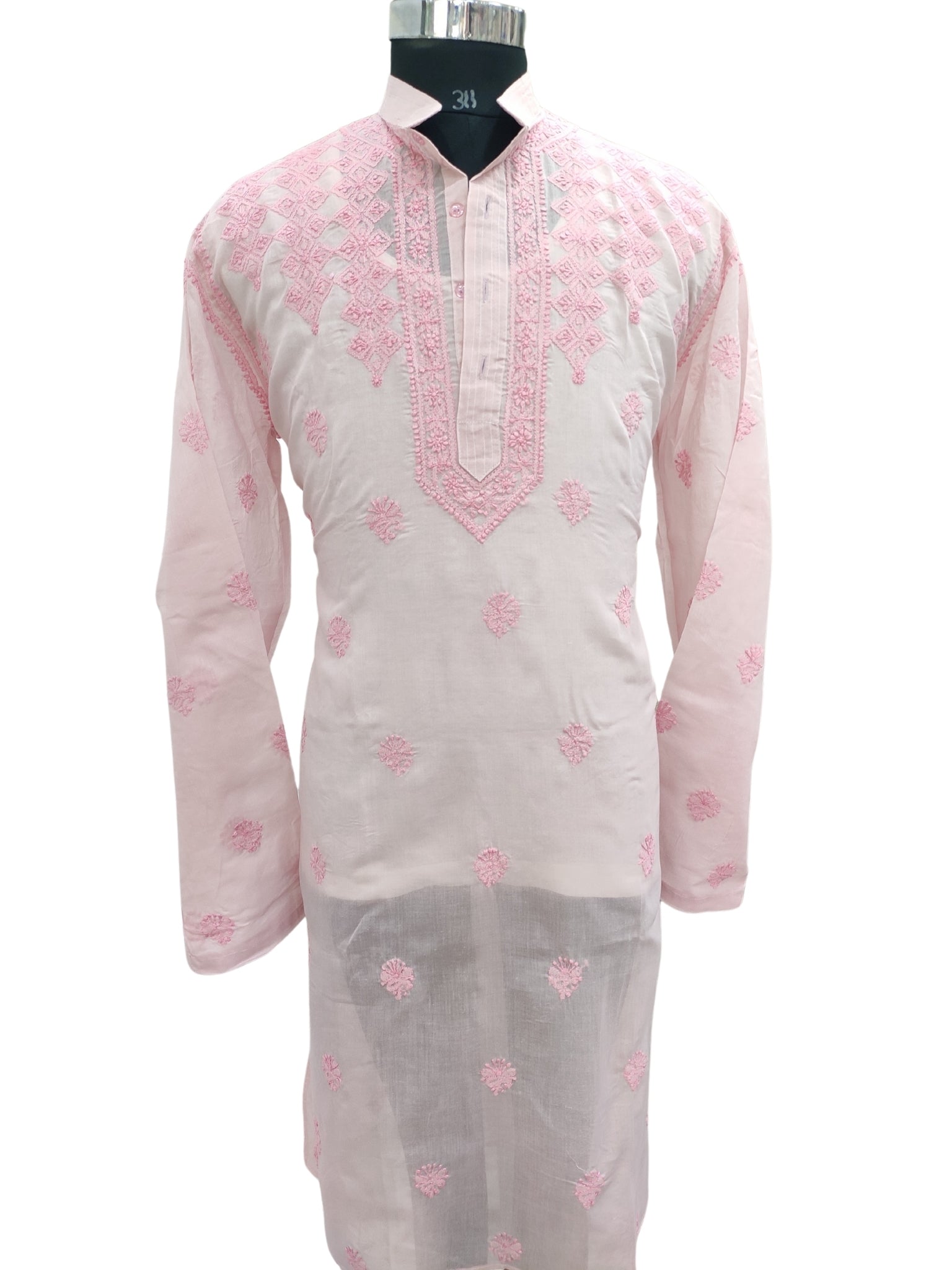 Shyamal Chikan Hand Embroidered Pink Cotton Lucknowi Chikankari Men's Kurta – S23584