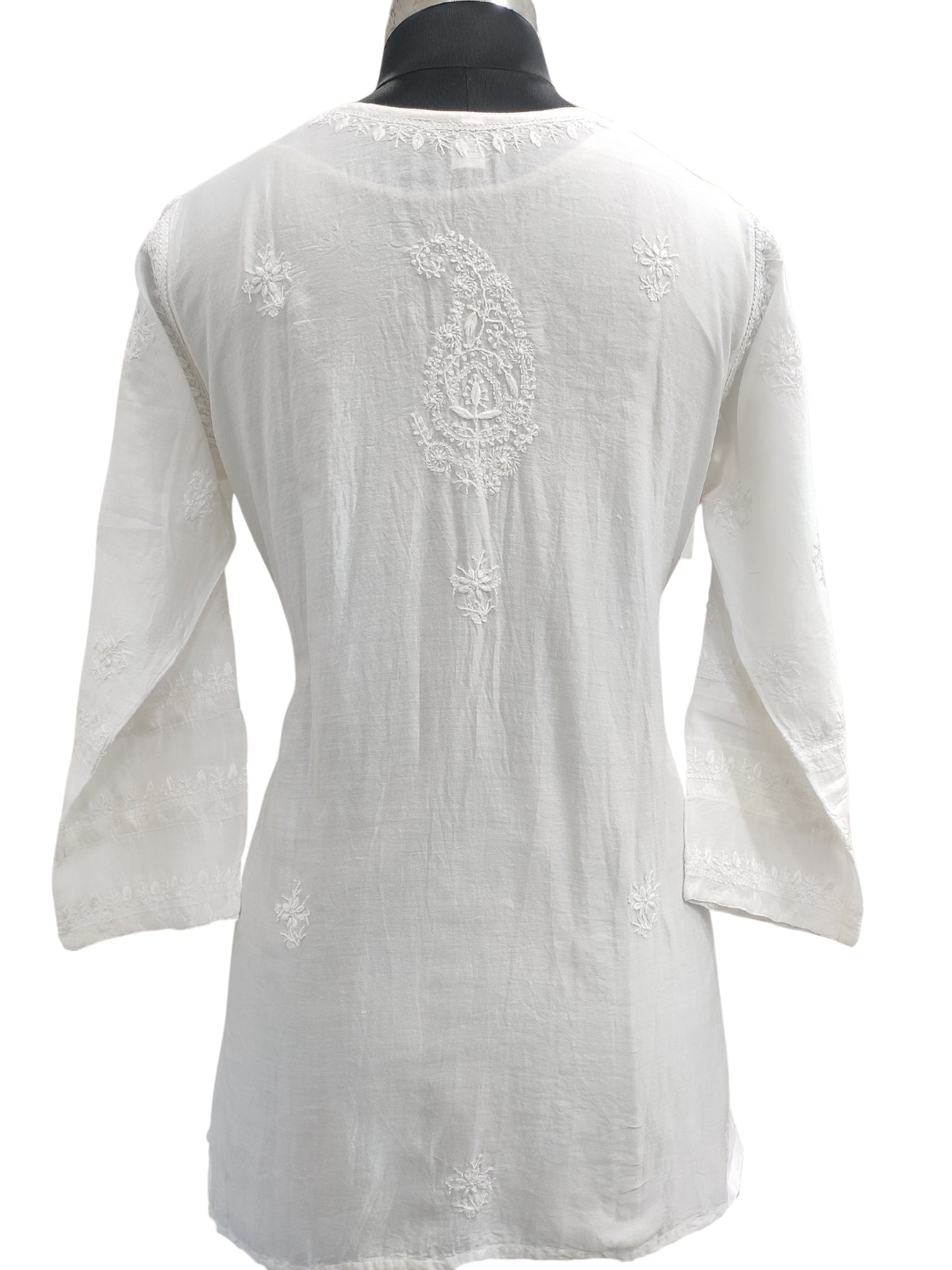 Shyamal Chikan Hand Embroidered White HQ Chanderi Lucknowi Chikankari Short Top - S25382