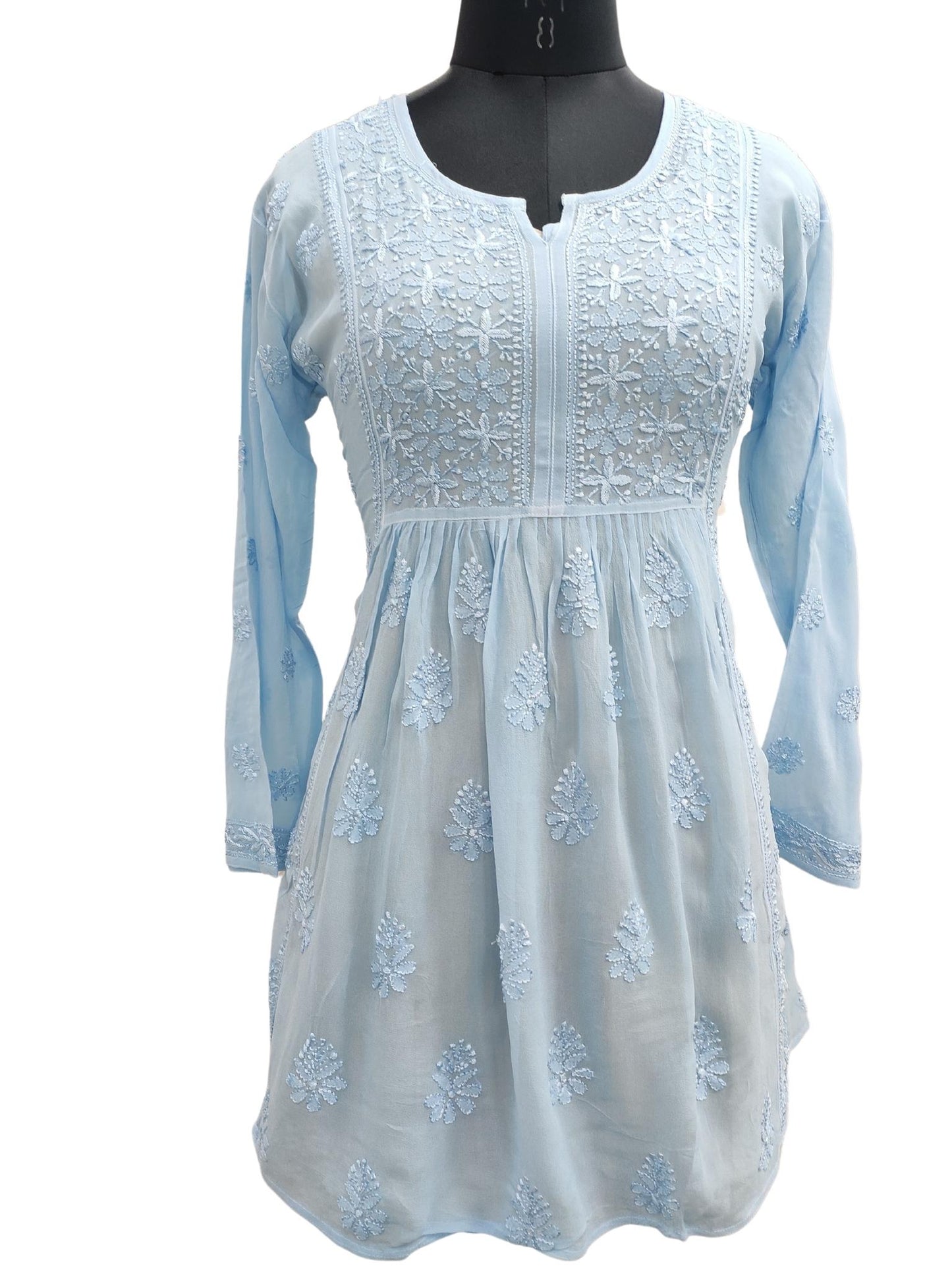Shyamal Chikan Hand Embroidered Blue Viscose Georgette Lucknowi Chikankari Short Top - S20324