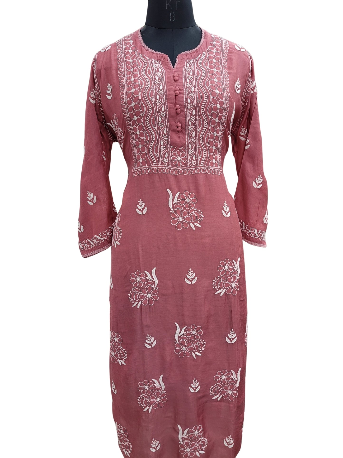 Shyamal Chikan Hand Embroidered Cherry Red Muslin Lucknowi Chikankari Kurti - S24069