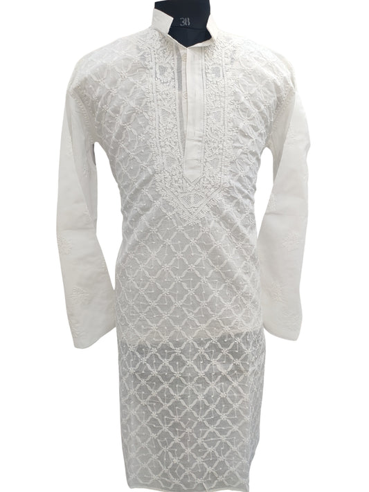 Shyamal Chikan Hand Embroidered White Cotton Lucknowi Chikankari Men's Kurta –S24619