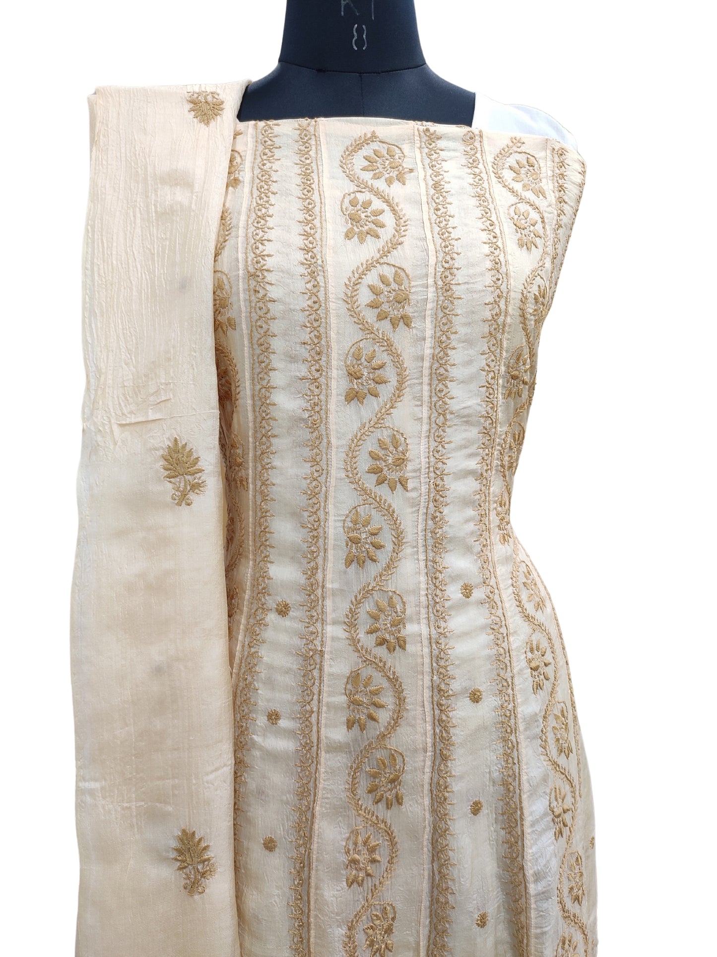 Shyamal Chikan Hand Embroidered Beige Pure Tusser Silk Lucknowi Chikankari Semi-Stitched Anarkali - S23172