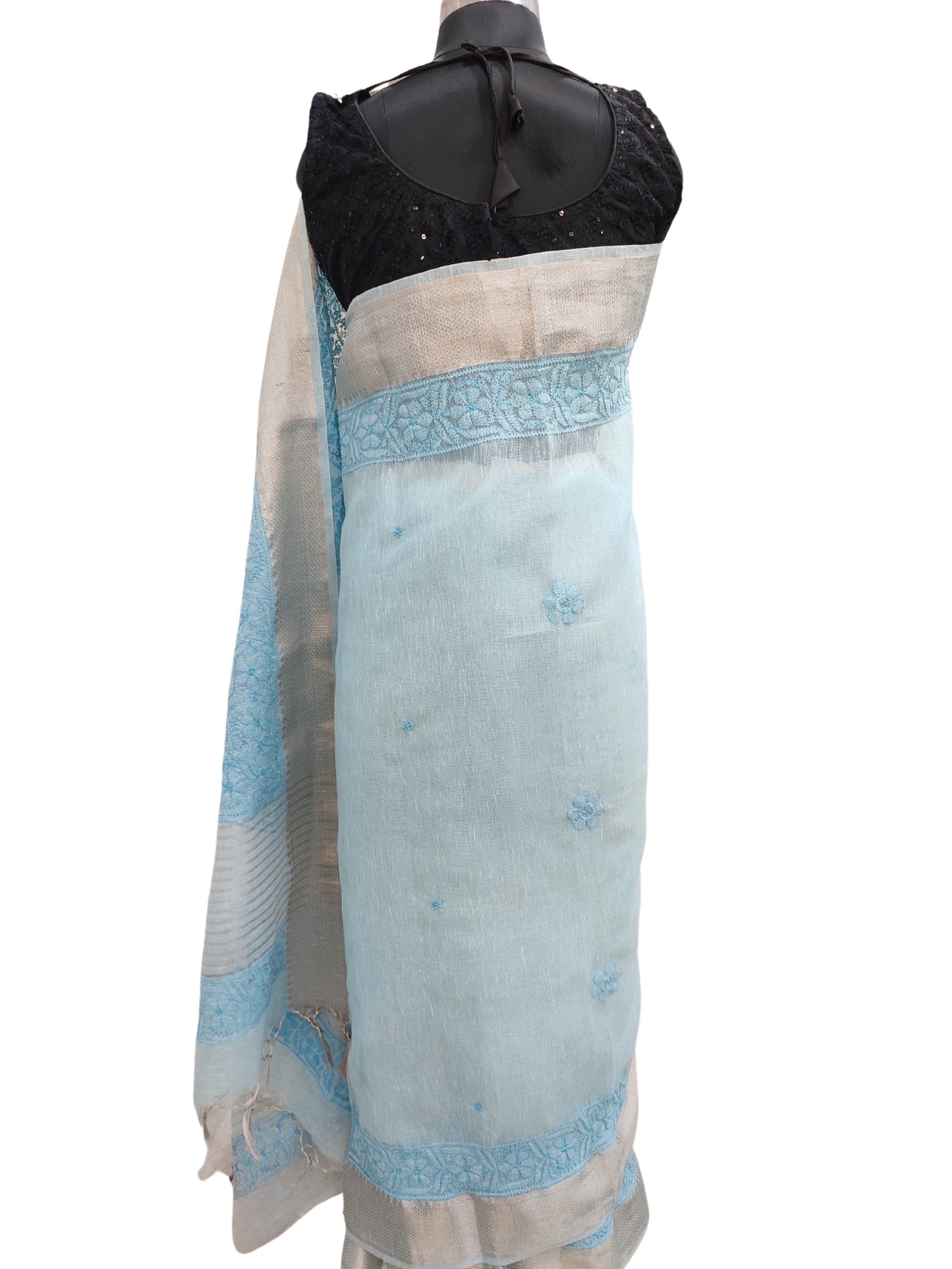 Shyamal Chikan Hand Embroidered Blue Banarasi Tissue Lucknowi Chikankari Saree With Blouse Piece- S26335