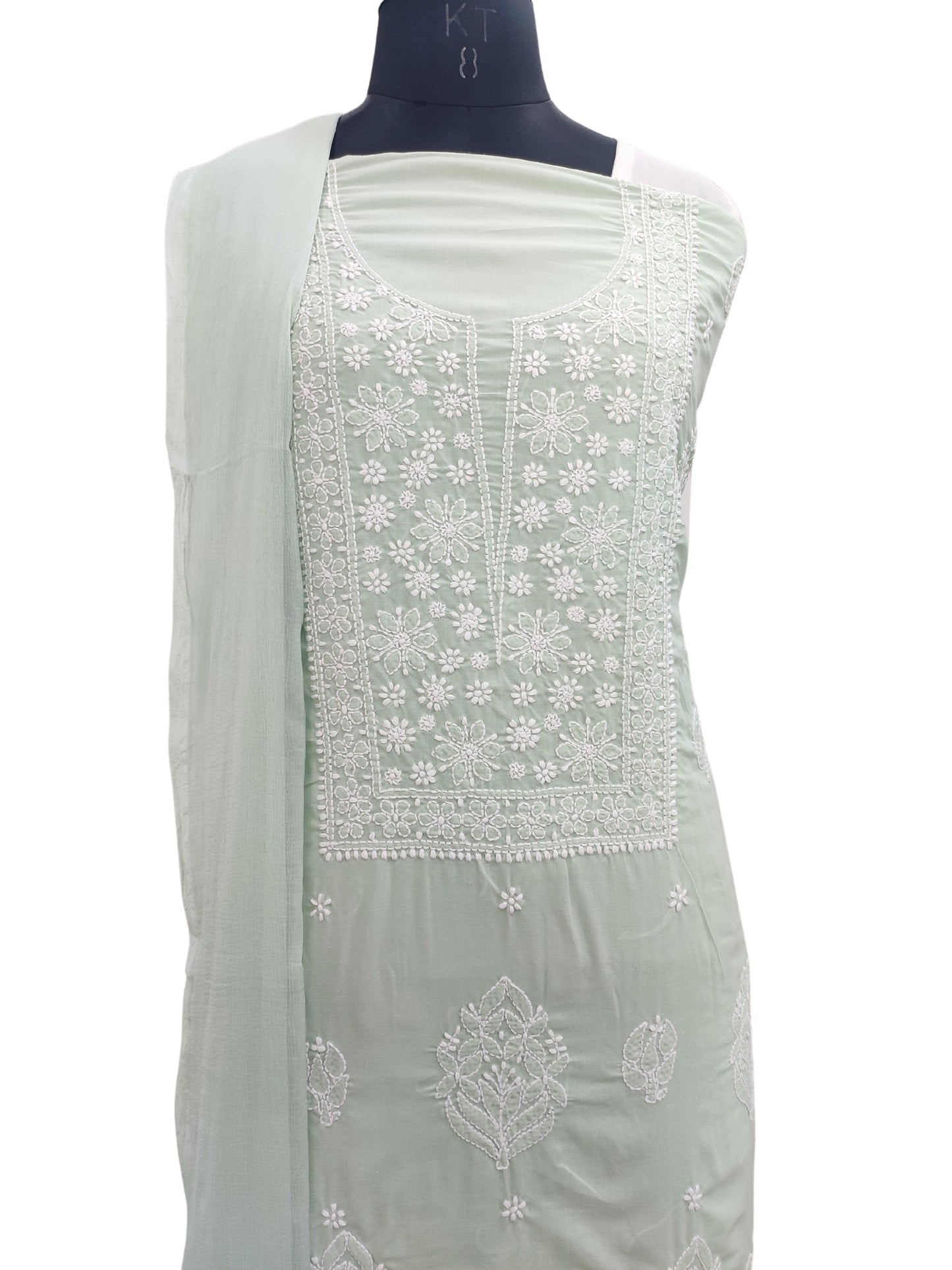 Shyamal Chikan Hand Embroidered Green Cotton Lucknowi Chikankari Unstitched Suit Piece 24189