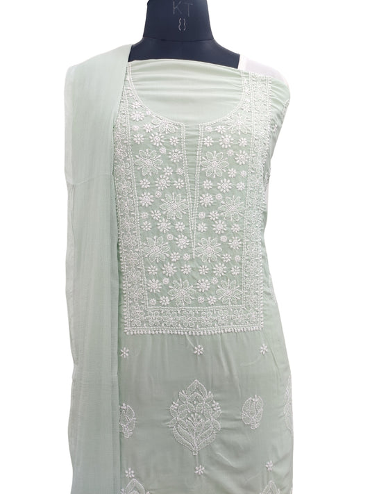 Shyamal Chikan Hand Embroidered Green Cotton Lucknowi Chikankari Unstitched Suit Piece - S24189