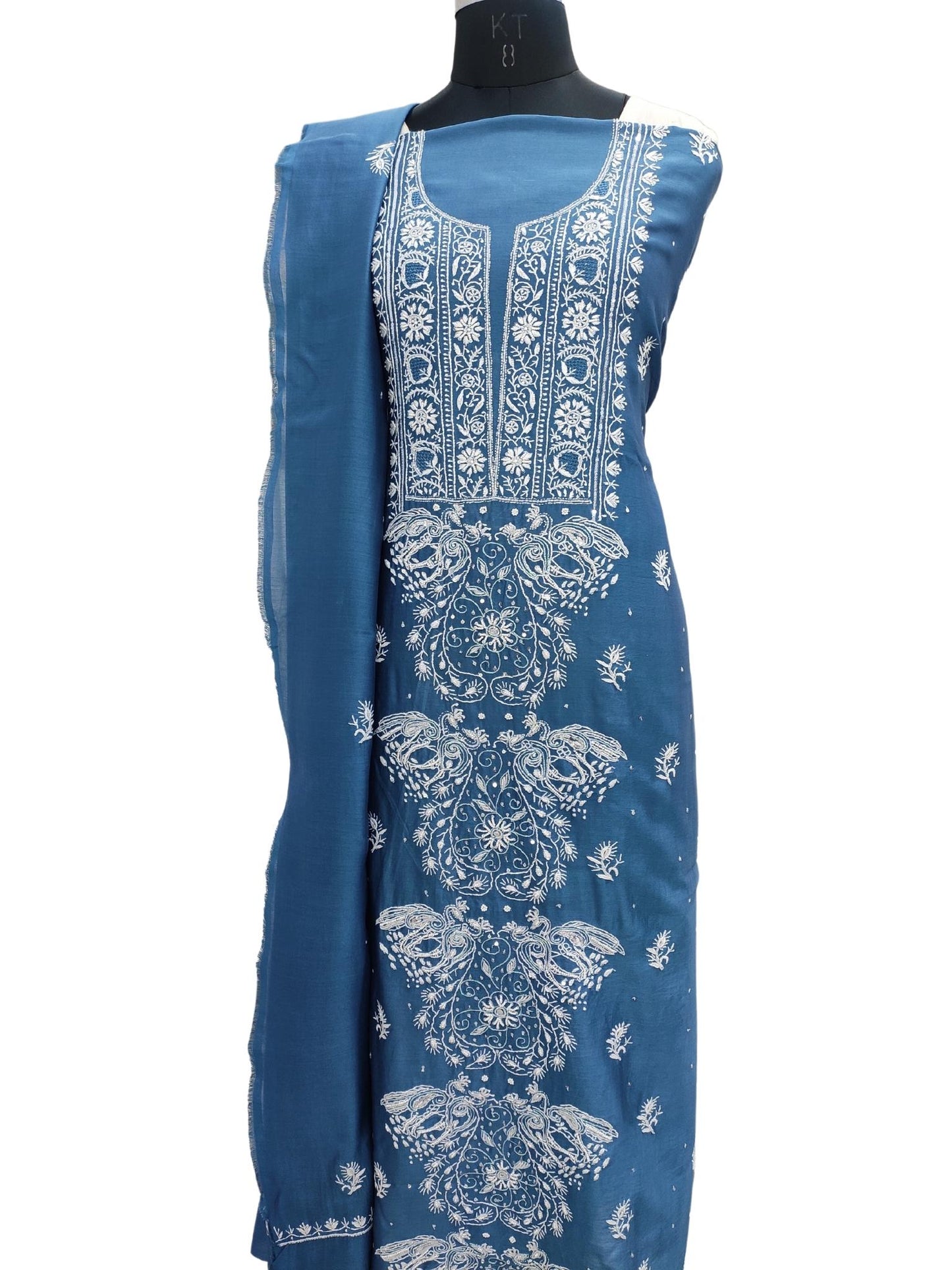 Shyamal Chikan Hand Embroidered Peacock Blue Chanderi Lucknowi Chikankari Unstitched Suit Piece with Pearl & Sequin Work (Kurta Dupatta Set) - S21170