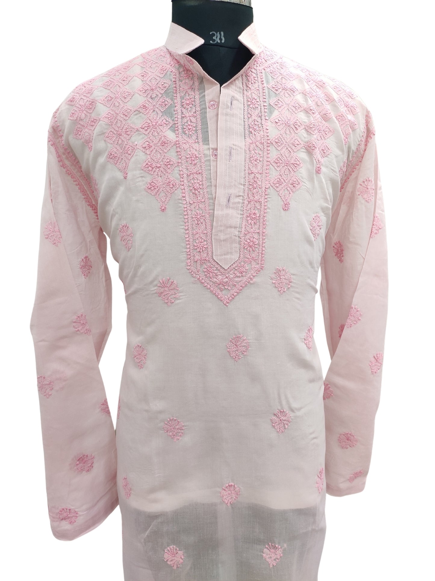 Shyamal Chikan Hand Embroidered Pink Cotton Lucknowi Chikankari Men's Kurta – S23584