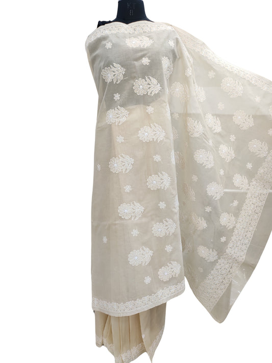 Shyamal Chikan Hand Embroidered Beige Cotton Lucknowi Chikankari Saree With Blouse Piece- S22521
