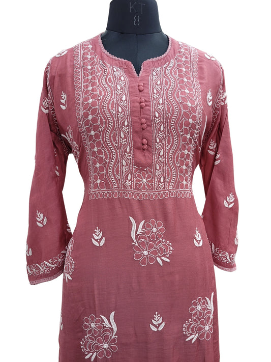 Shyamal Chikan Hand Embroidered Cherry Red Muslin Lucknowi Chikankari Kurti - S24069