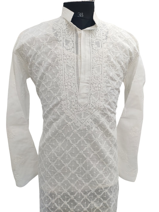 Shyamal Chikan Hand Embroidered White Cotton Lucknowi Chikankari Men's Kurta –S24619