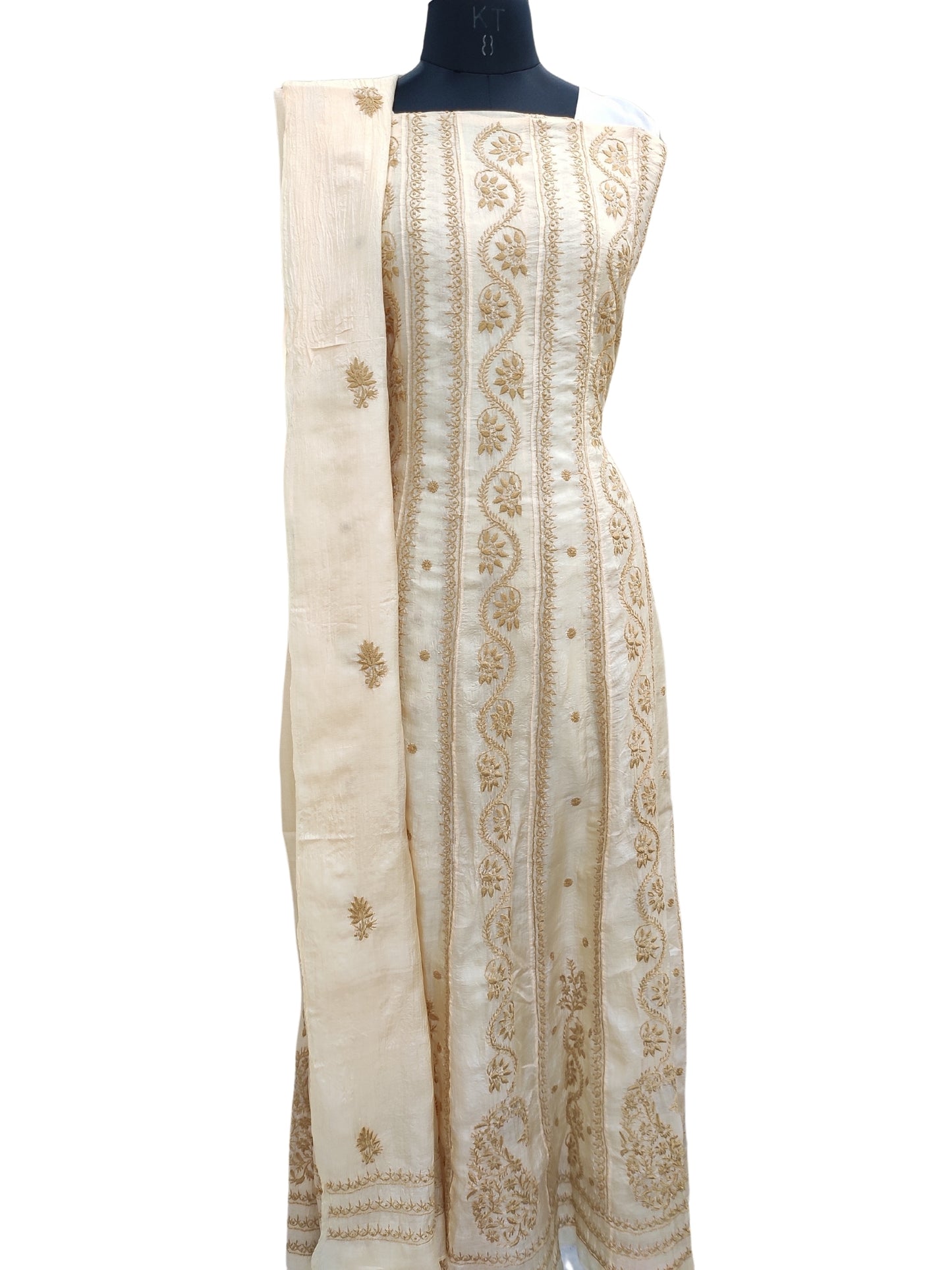 Shyamal Chikan Hand Embroidered Beige Pure Tusser Silk Lucknowi Chikankari Semi-Stitched Anarkali - S23172