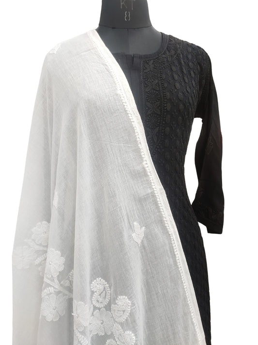 Shyamal Chikan Hand Embroidered White Malmal Cotton Lucknowi Chikankari Dupatta - S26790