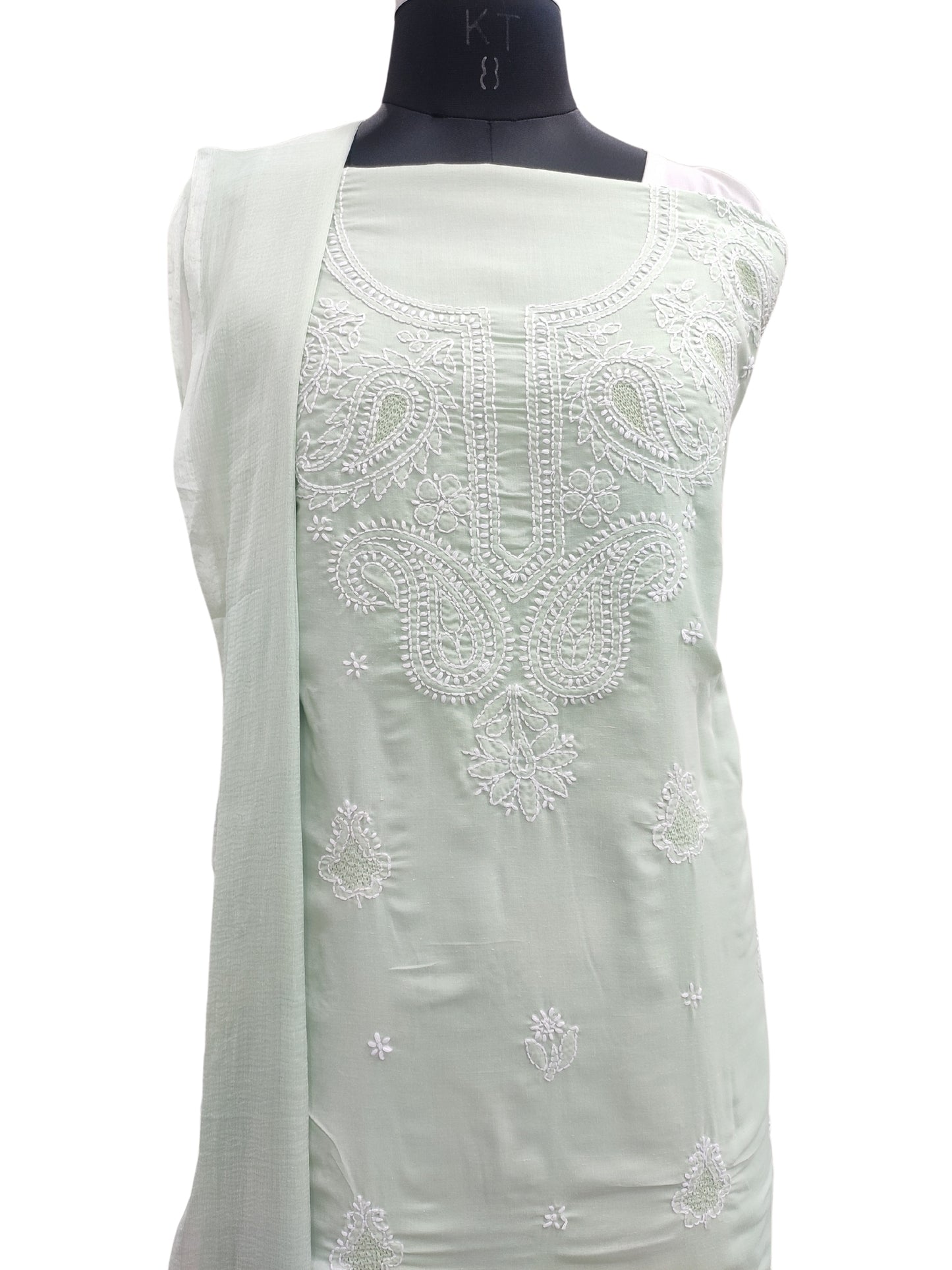 Shyamal Chikan Hand Embroidered Green Cotton Lucknowi Chikankari Unstitched Suit Piece With Jaali Work - S25415