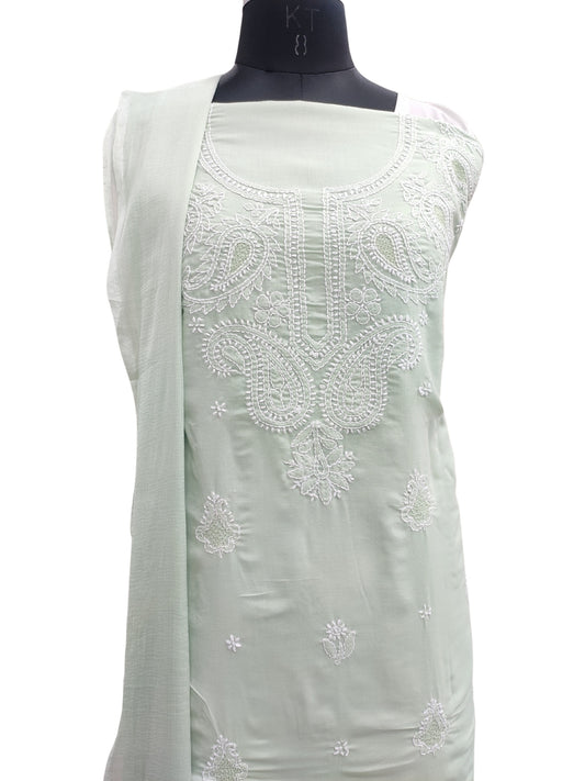 Shyamal Chikan Hand Embroidered Green Cotton Lucknowi Chikankari Unstitched Suit Piece With Jaali Work - S25415