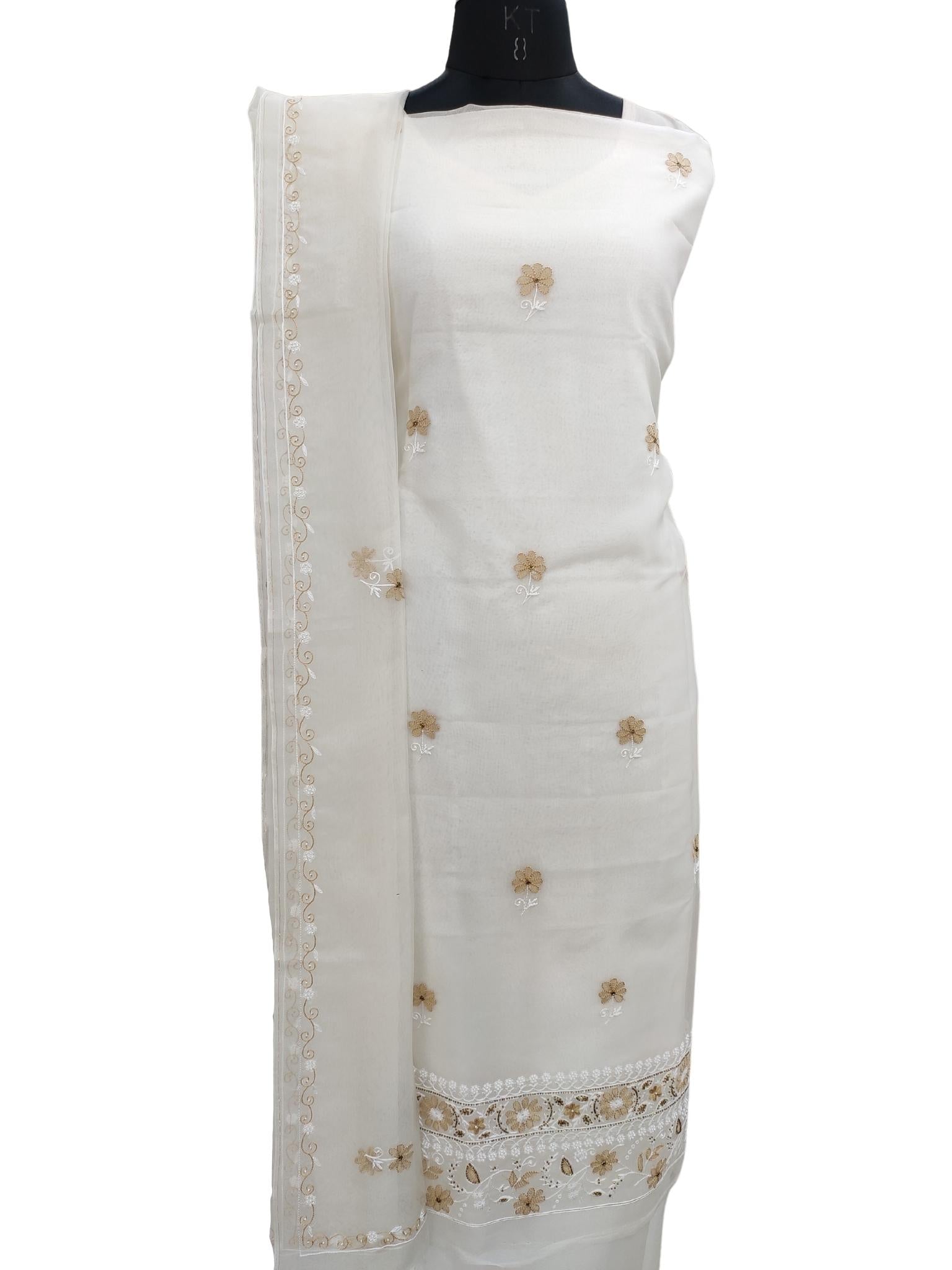 Shyamal Chikan Hand Embroidered White Organza Lucknowi Chikankari Unstitched Suit Piece ( Set of 2 ) With Pearl and Cutdana Work - S20871