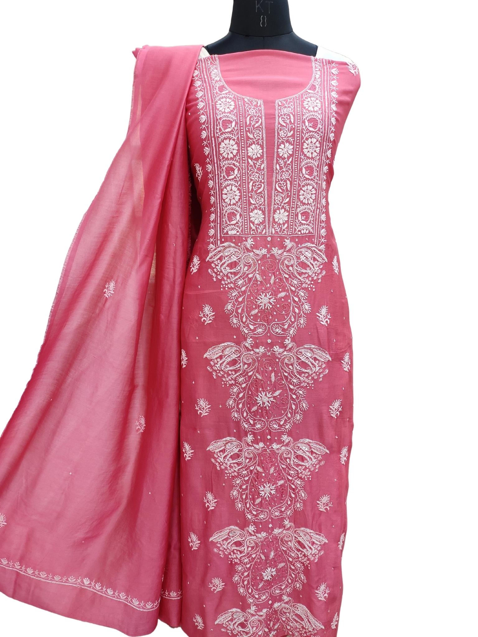 Shyamal Chikan Hand Embroidered Pink Chanderi Lucknowi Chikankari Unstitched Suit Piece with Pearl & Sequin Work (Kurta Dupatta Set) - S21171