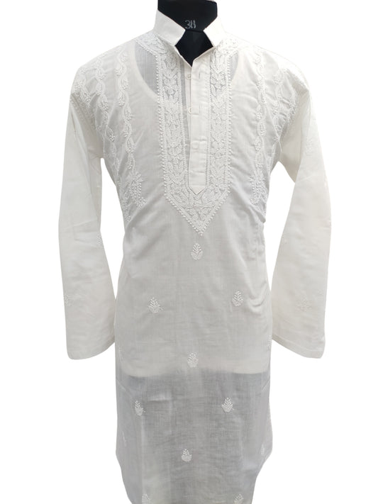 Shyamal Chikan Hand Embroidered White Cotton Lucknowi Chikankari Men's Kurta – S23645