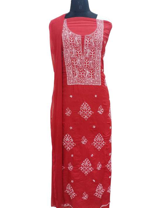 Shyamal Chikan Hand Embroidered Red Cotton Lucknowi Chikankari Unstitched Suit Piece 24190