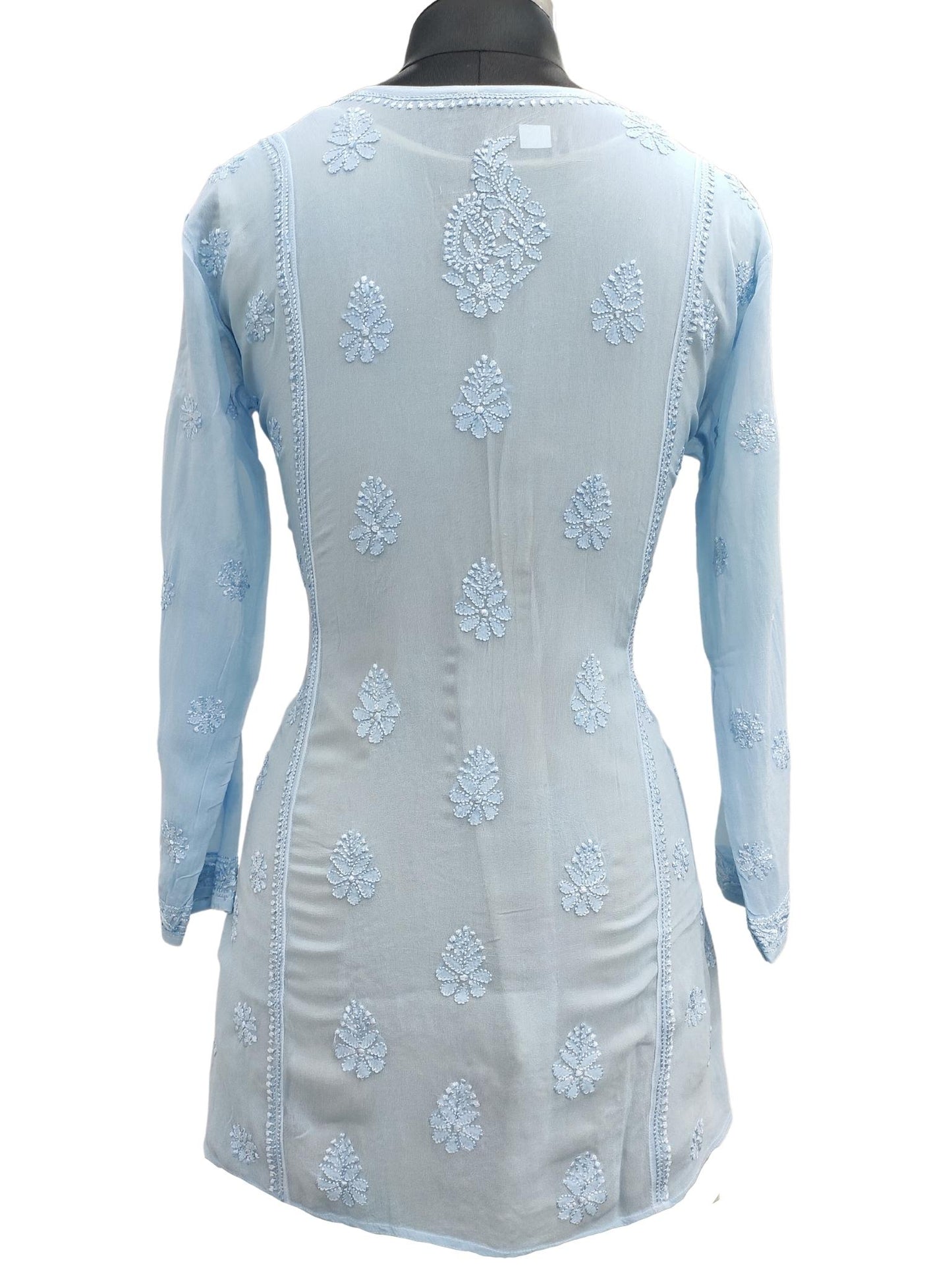Shyamal Chikan Hand Embroidered Blue Viscose Georgette Lucknowi Chikankari Short Top - S20324