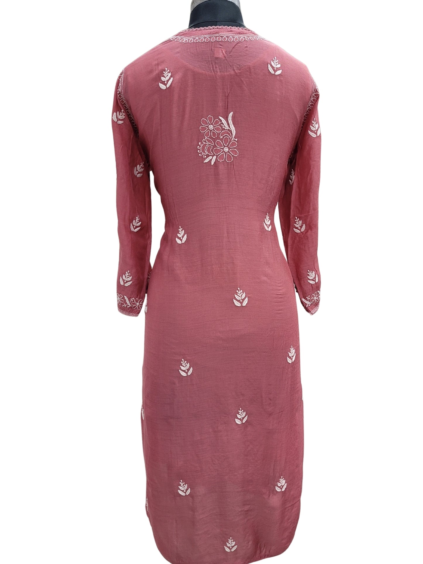 Shyamal Chikan Hand Embroidered Cherry Red Muslin Lucknowi Chikankari Kurti - S24069