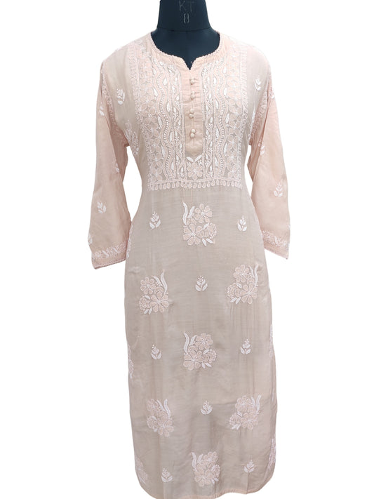 Shyamal Chikan Hand Embroidered Peach Muslin Lucknowi Chikankari Kurti - 23828