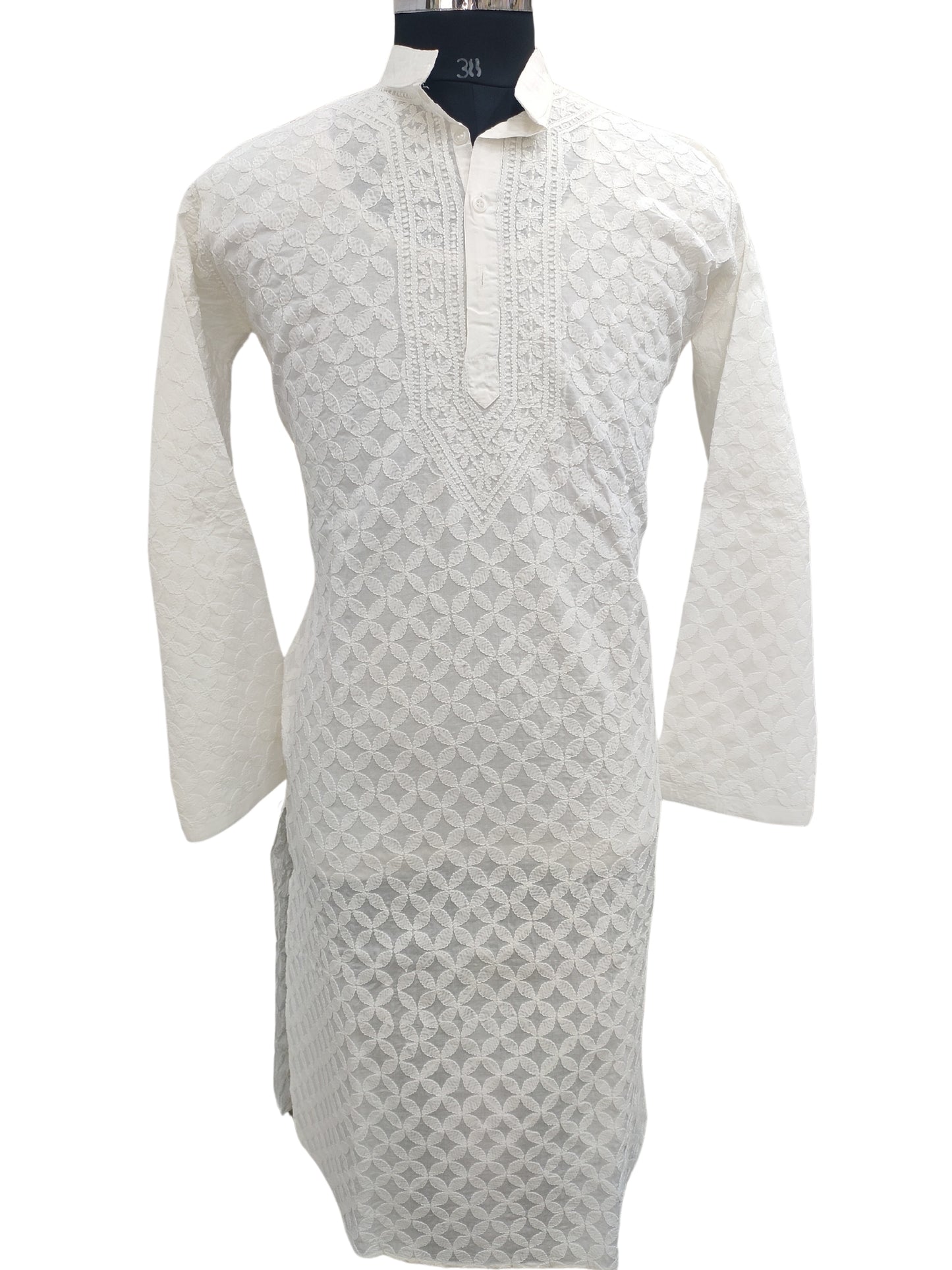 Shyamal Chikan Hand Embroidered White Lawn Lucknowi All-Over Chikankari Men's Kurta – S24093