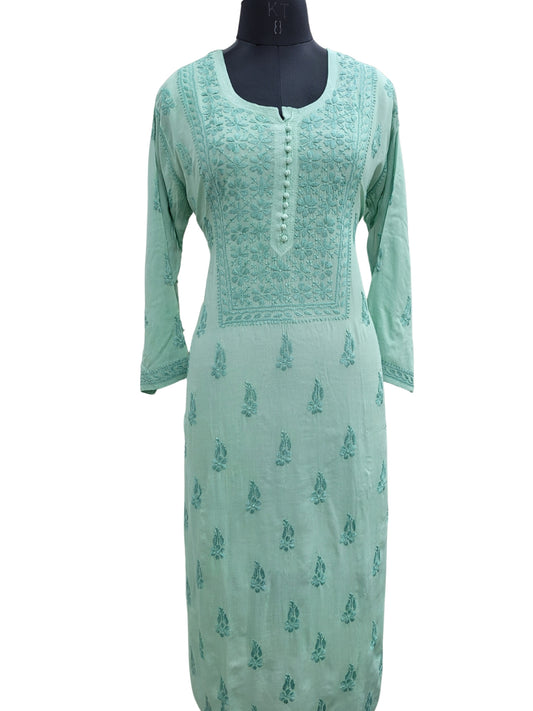 Shyamal Chikan Hand Embroidered Green Modal Cotton Lucknowi Chikankari Kurti - S24687