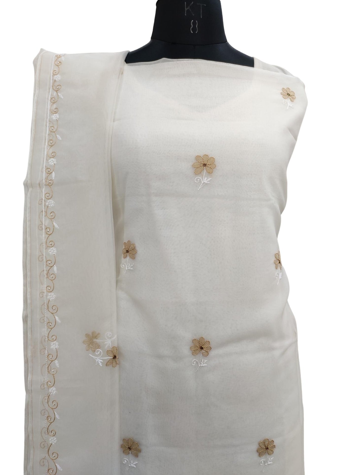 Shyamal Chikan Hand Embroidered White Organza Lucknowi Chikankari Unstitched Suit Piece (Kurta Dupatta Set) With Pearl and Cutdana Work - S20871