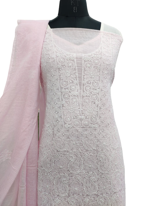 Shyamal Chikan Hand Embroidered Pink Kota Cotton Lucknowi Chikankari Unstitched Suit Piece ( Kurta Dupatta Set ) - S22602