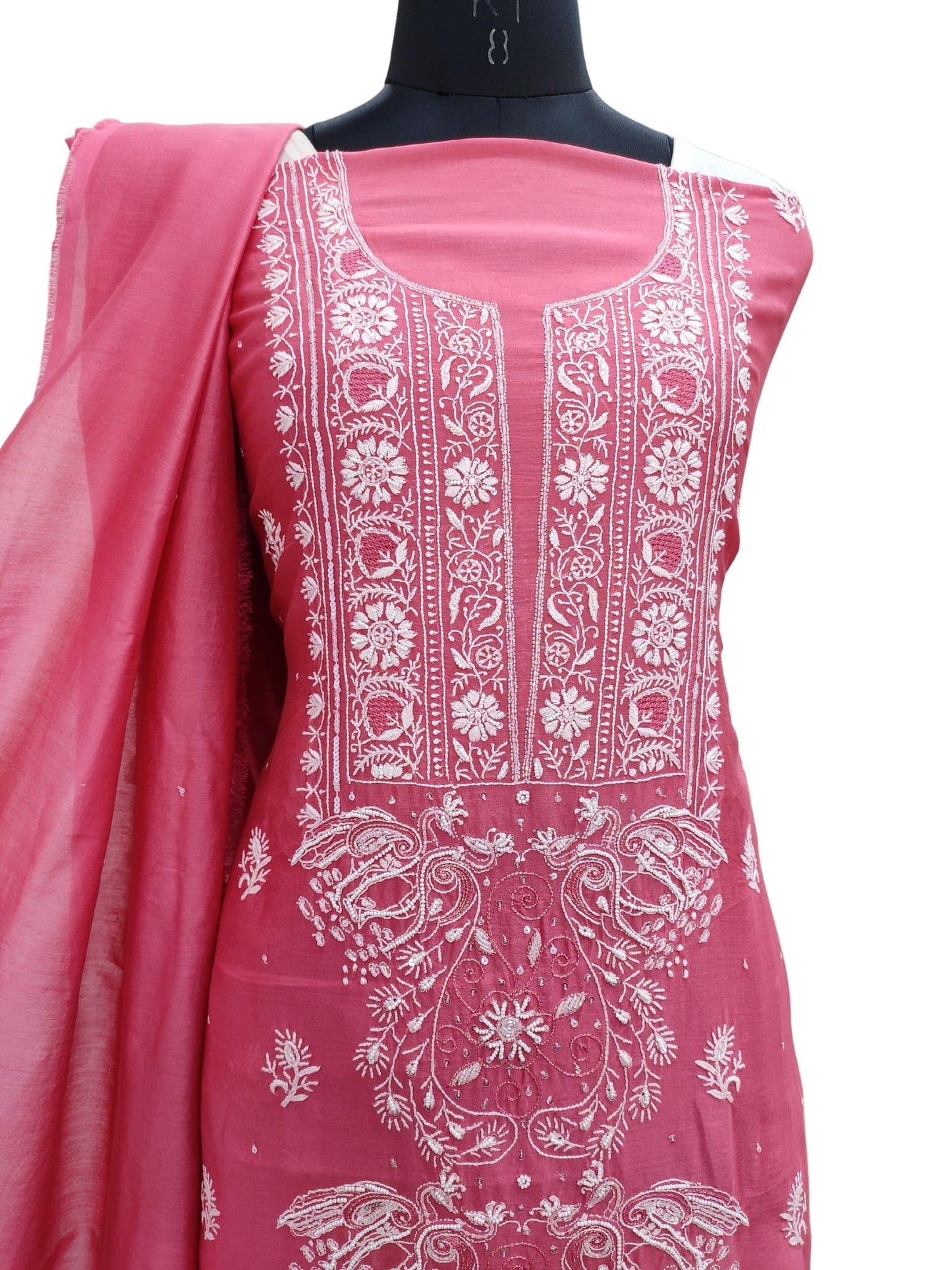 Shyamal Chikan Hand Embroidered Pink Chanderi Lucknowi Chikankari Unstitched Suit Piece with Pearl & Sequin Work (Kurta Dupatta Set) - S21171