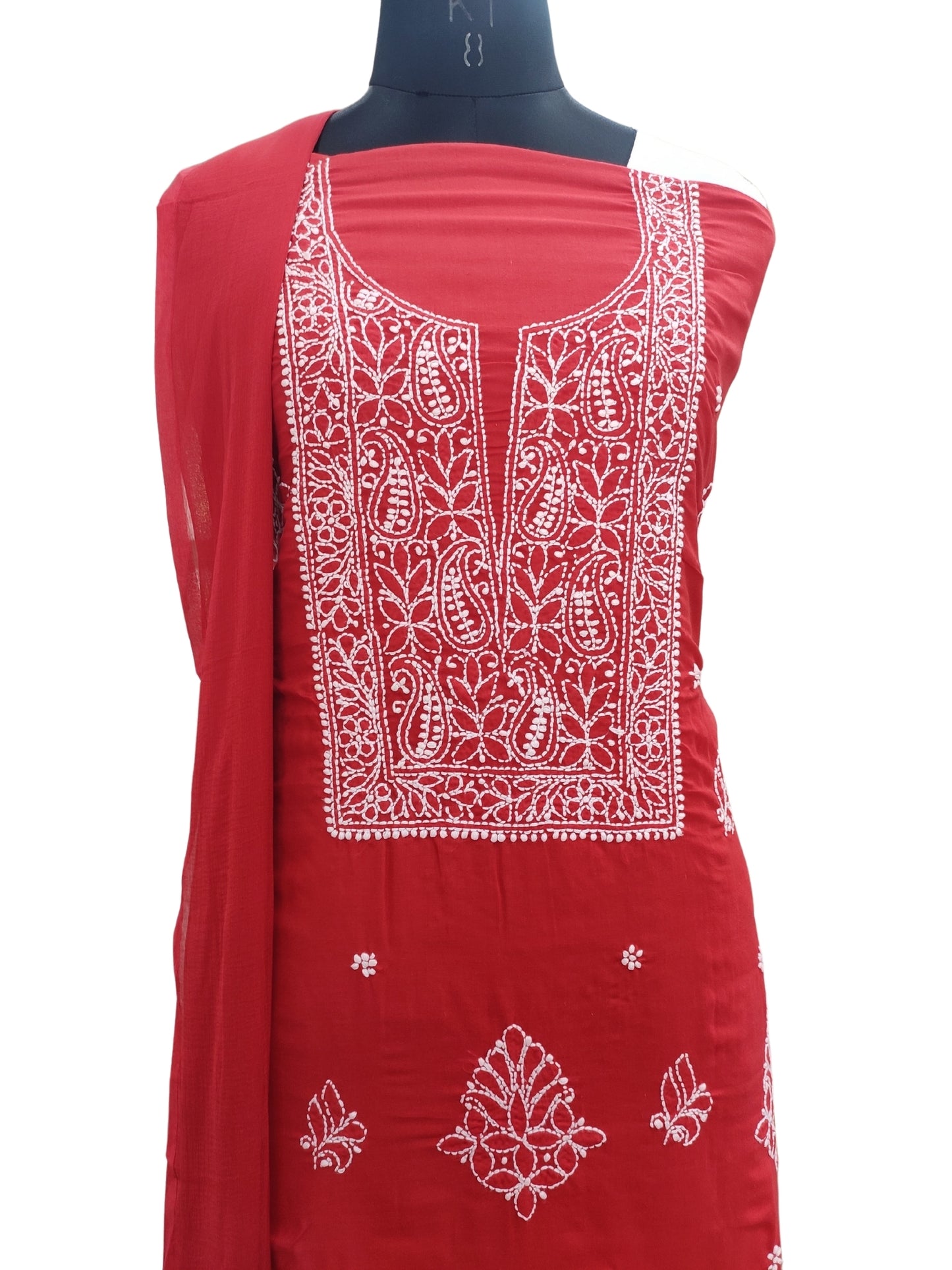 Shyamal Chikan Hand Embroidered Red Cotton Lucknowi Chikankari Unstitched Suit Piece - S24190