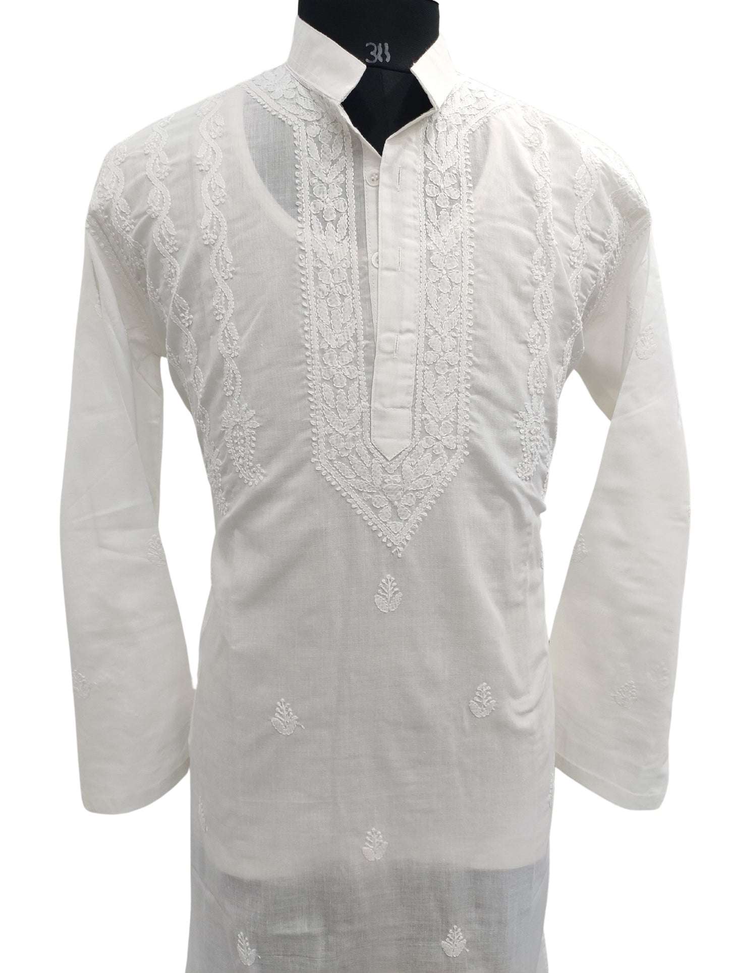 Shyamal Chikan Hand Embroidered White Cotton Lucknowi Chikankari Men's Kurta – S23645