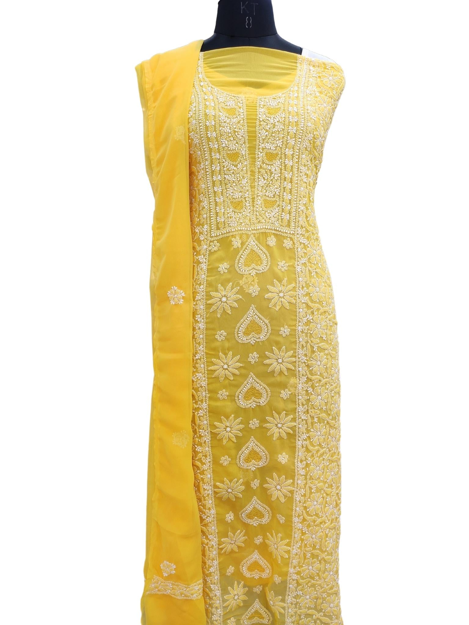 Shyamal Chikan Hand Embroidered Yellow Georgette Lucknowi Chikankari Unstitched Suit Piece With Jaali Work - S20251