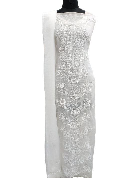 Shyamal Chikan Hand Embroidered White Kota Cotton Lucknowi Chikankari Unstitched Suit Piece ( Kurta Dupatta Set ) - S21894