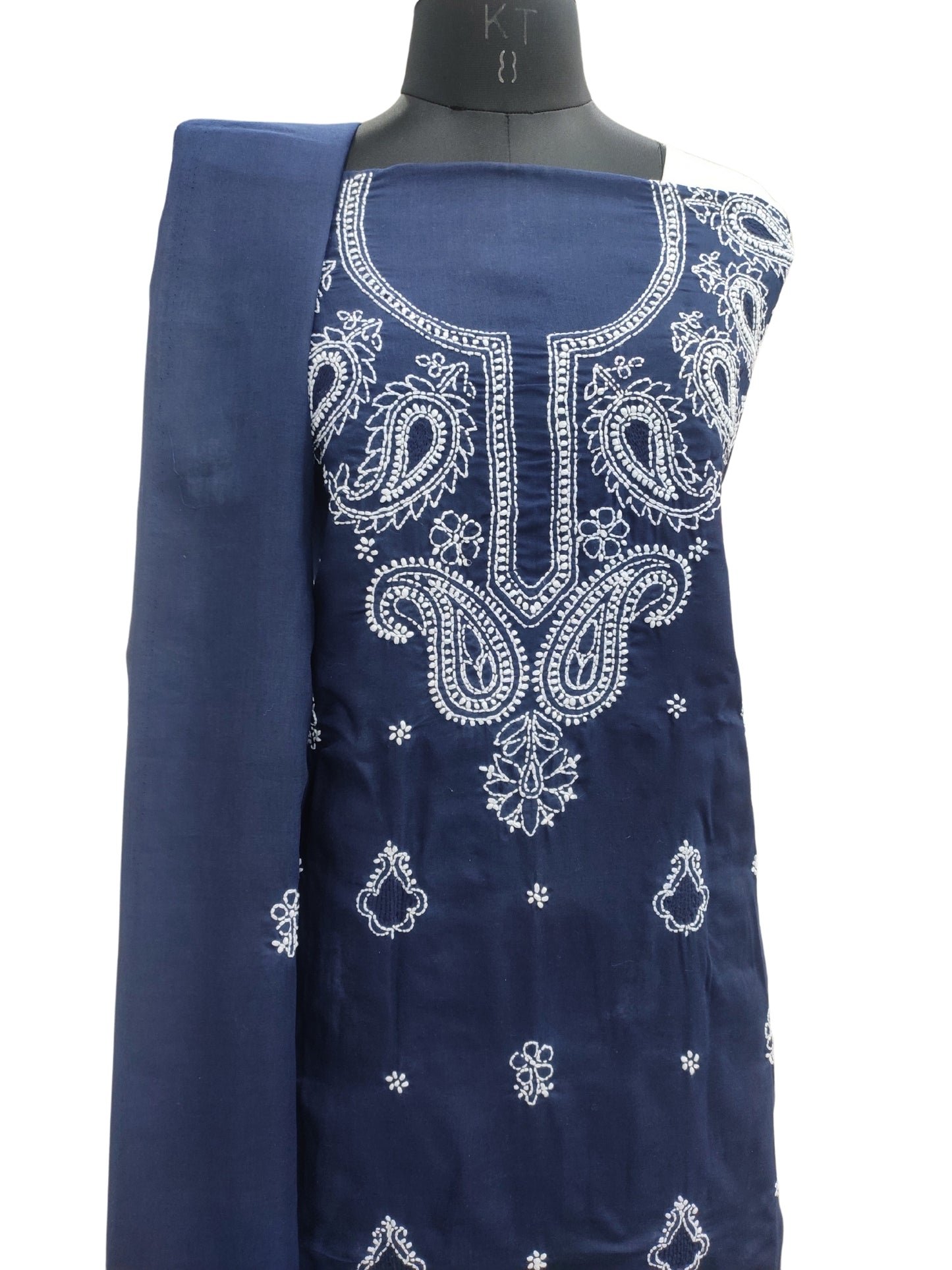 Shyamal Chikan Hand Embroidered Navy Blue Cotton Lucknowi Chikankari Unstitched Suit Piece With Cotton Dupatta & Jaali Work - S25428