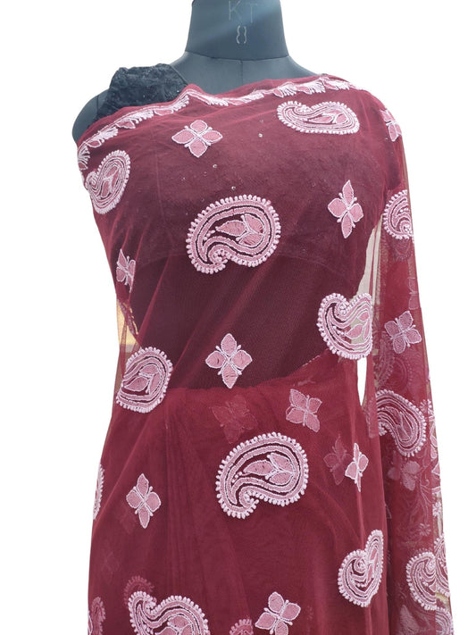 Shyamal Chikan Hand Embroidered Maroon Net Lucknowi Chikankari Saree With Blouse Piece- S21320
