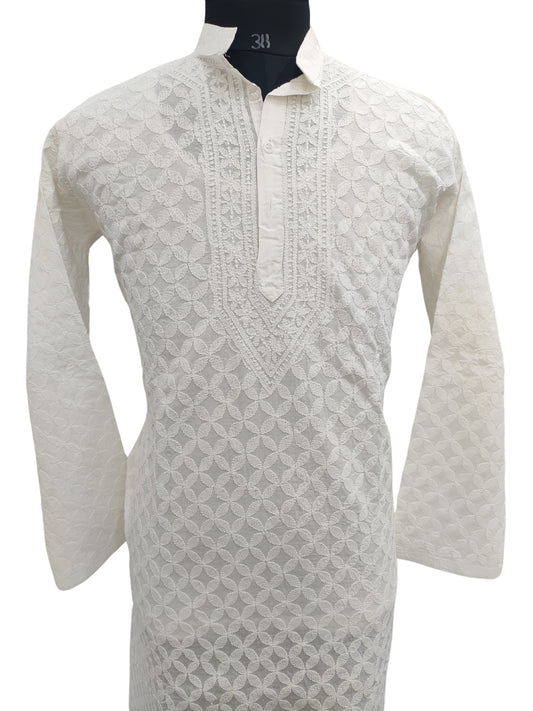 Shyamal Chikan Hand Embroidered White Lawn Lucknowi All-Over Chikankari Men's Kurta – S24093