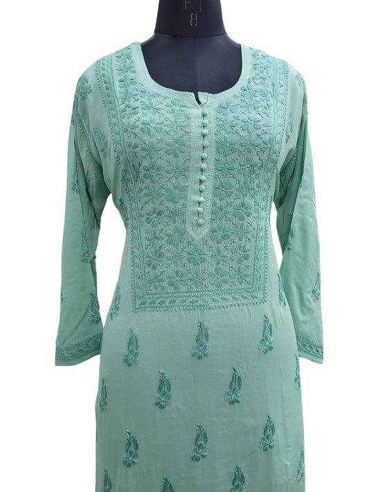 Shyamal Chikan Hand Embroidered Green Modal Cotton Lucknowi Chikankari Kurti - S24687