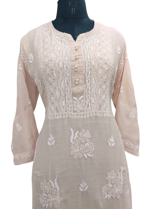 Shyamal Chikan Hand Embroidered Peach Muslin Lucknowi Chikankari Kurti - 23828